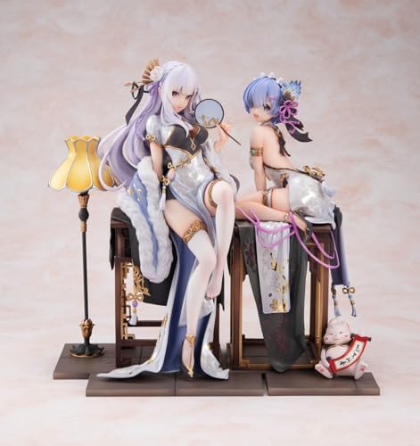 Tongyundacheng Anime Figures Re:0 - Emilia/Rem/Ram Actionfigur, 23 cm, PVC-Figur, Cheongsam-Version, sitzende Pose, Anime-Modell, Mädchenstatue, Sammlerstück-Dekorationen von Tongyundacheng