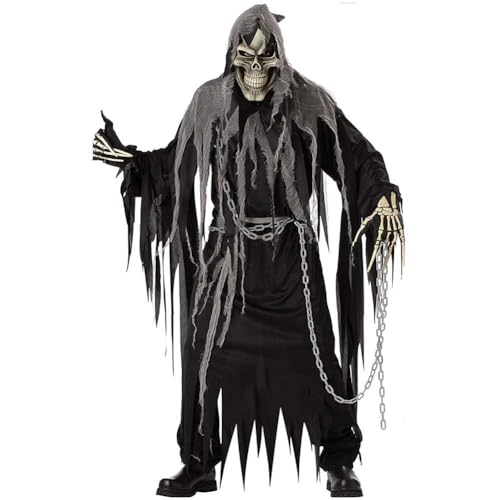 Tongyundacheng Sensenmann Halloween Kostüm Erwachsene Halloween Schwarz Robe mit Totenkopf Maske Skelett Handschuhe Sense Tod Cosplay Outfit Set von Tongyundacheng