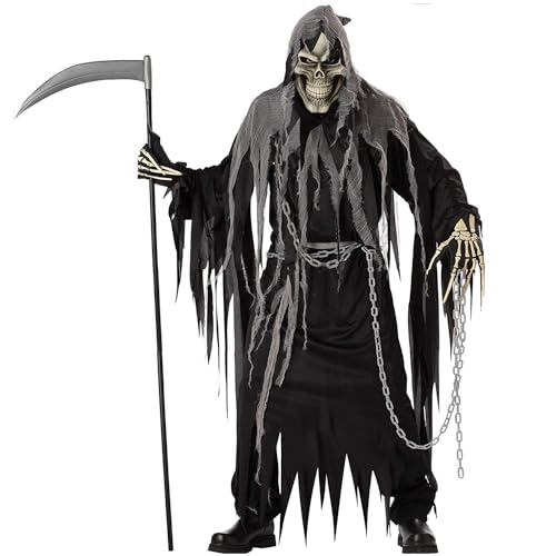 Tongyundacheng Sensenmann Halloween Kostüm Erwachsene Halloween Schwarz Robe mit Totenkopf Maske Skelett Handschuhe Sense Tod Cosplay Outfit Set von Tongyundacheng