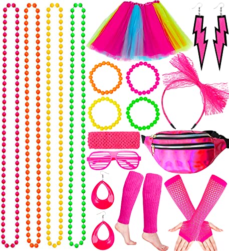 Tonsooze 80er Jahre Kleidung Damen Set, 21PCS Kostüm Accessoires 80er, Netzgarnrock, Netzhandschuhe, Bauchtasche, Stirnband, Halskette,Armband,Ohrring, Neon 80 Jahre Outfit Party Mädchen Kinder von Tonsooze