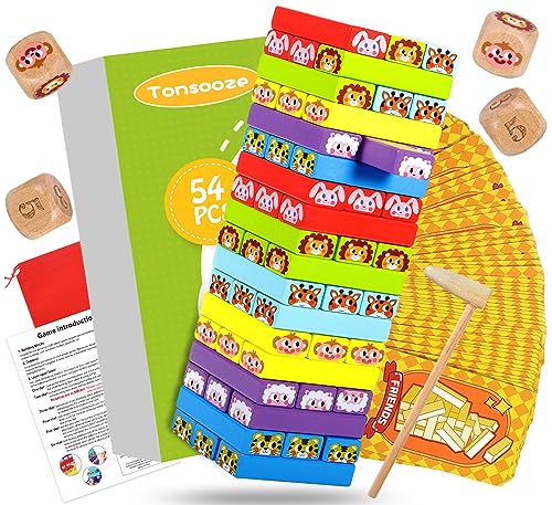 Tonsooze Holz Wackelturm Kinderspielzeug 54 Bunt Holzklötze Stapelspiel, Wackelturm Stapelspiel Montessori Lernspielzeug, Turmspiel mit Tier-Motiven Karten für 3 Jahren Jungen und Mädchen Geschenke von Tonsooze