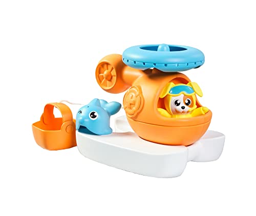 TOMY E73305 Splash & Rescue Helicopter von Toomies - Wasserdrehendes Badespielzeug - Schwimmendes Spielzeug mit spritzendem Piloten - Rettungseimer & Delphin mit Gießfunktion - Geeignet ab 12 Monaten von Toomies