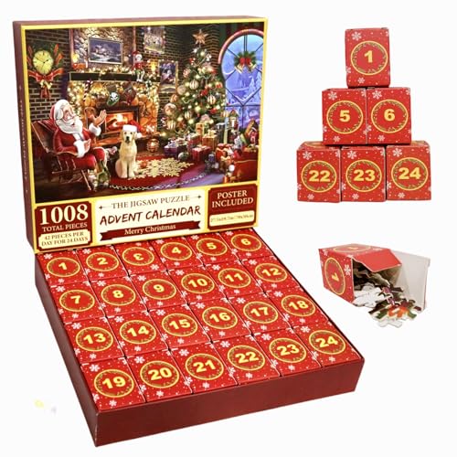 Adventskalender 2024 Weihnachts Jigsaw Puzzle 1008 Teile, Tootesa 24-Boxen Weihnachtsmann Countdown Kalender Puzzles für Erwachsene, lustige Weihnachts Puzzles für Weihnachts Dekor Geschenke (Rot) von Tootesa