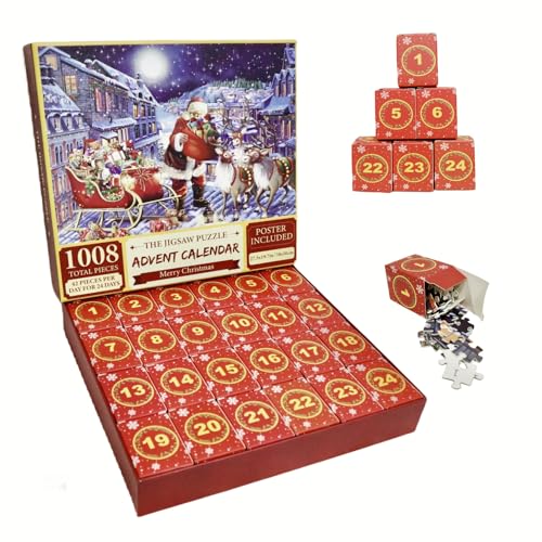 Adventskalender 2024 Weihnachts Jigsaw Puzzle 1008 Teile, Tootesa 24-Boxen Weihnachtsmann Countdown Kalender Puzzles für Erwachsene, lustige Weihnachts Puzzles für Weihnachts Dekor Geschenke (blau) von Tootesa