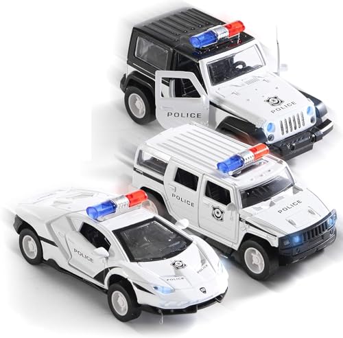 Top Race Polizeiauto mit Licht und realistischem Sound, Rückziehauto für Kinder von 2, 3, 4, 5, 6 Jahren, Kinderspielzeug für Jungen und Mädchen, 3er Set Spielzeugauto aus Metall von Top Race