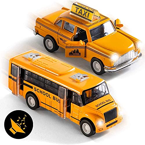 Top Race TR-998 Druckguss Schulbus und Taxi Rückzugfunktion Batteriebetrieben mit Licht und Sound im Maßstab 1:32, 2 Stück, Gelb von Top Race