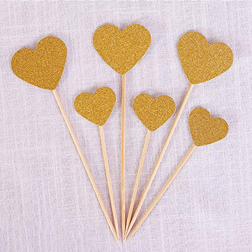 30 Stück bunte Herz-Cupcake-Topper, Glitzerkuchenaufsätze, Kuchendekorationen für Geburtstag, Hochzeit und Babyparty, Partyzubehör (Gold) von TopHomer