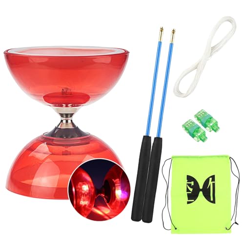 Diabolo Freiläufer mit kugellager Dreifache Lagerung Set, 4 Farben Blinkendes Dreifachlager-Diabolo mit Ersatzseil 10m, Profi-Stange, Netzbeutel Rot von TopHomer