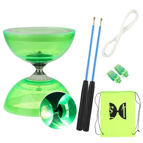 TopHomer Diabolo Freiläufer mit kugellager Dreifache Lagerung Set, 4 Farben Blinkendes Dreifachlager-Diabolo mit Ersatzseil 10m, Profi-Stange, Netzbeutel von TopHomer