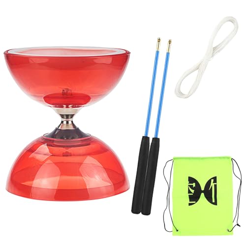 TopHomer Diabolo Freiläufer mit kugellager Dreifache Lagerung Jonglier-Set, 4 Farben Dreifach Gelagertes Diabolo mit Ersatzschnur 10m, Profi-Stange, Netzbeutel, Rot von TopHomer