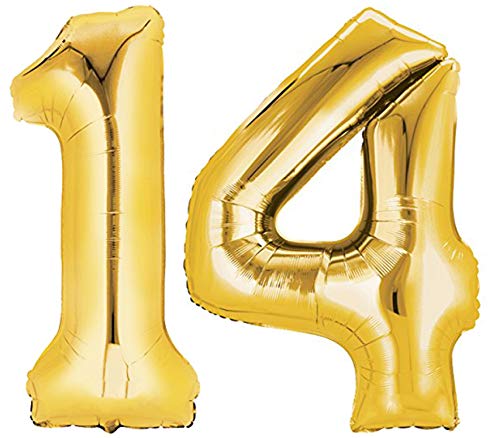 TopTen Folienballon Nummer 14 Gold XXL über 90 cm hoch - Zahlenballon/Luftballon für Geburstagsparty, Jubiläum oder sonstige feierliche Anlässe (Zahl 14) von TopTen