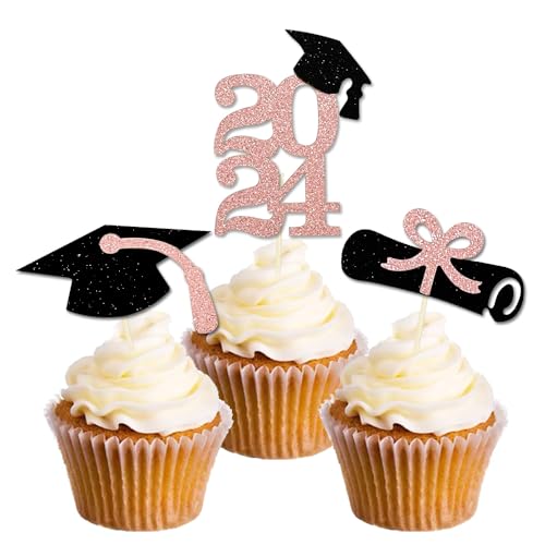 2022 Graduation Cupcake Topper, 24 Stück rosa Glitzerklasse von 2022 Grad Kappe Diplom-Kuchenstecker für Abschlussfeier Motto Party Dekorationen 2022 von Topfunyy