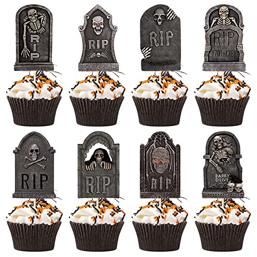 24 Stück Halloween Grabstein Cupcake Toppers Horrible Tombstones Graveyard Cake Picks Scary Cupcake Dekoration für Halloween Thema Party Supplies von Topfunyy