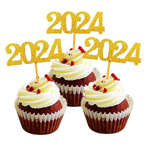 Topfunyy 24 Stück Neujahrs-Cupcake-Topper, Gold-Glitzer-Zahl 2024, Neujahrskuchenaufsätze, Lebensmittel-Picks, Dekorationen für 2024, Neujahr, Geburtstag, Abschlussfeier, Hochzeit, Party-Dekorationen von Topfunyy