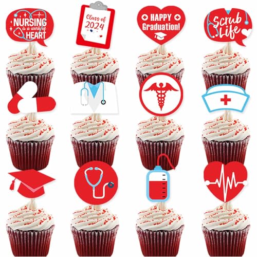 24 Stück Still-Cupcake-Topper, Krankenschwester-Abschluss, Cupcake-Picker für Krankenschwester, medizinische Rn-Themen, Abschlussfeier, Geburtstagsparty, Kuchendekorationen von Topfunyy