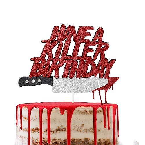 Kuchenaufsatz „Have a Killer Birthday“, Halloween-Horror-Geburtstagstortenspieß mit blutigen Waffen für Horrorfilm-Partys, Halloween-Zombie-Vampir-Partydekorationen von Topfunyy