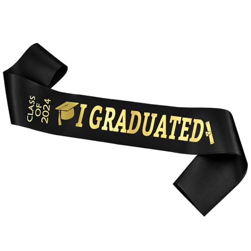 Topfunyy 2025 Schwarze Abschlussschärpe Gold Glitzer Buchstabe "I Graduated" Fleck Schärpe für 2025 Abschlussfeier Party Supplies von Topfunyy