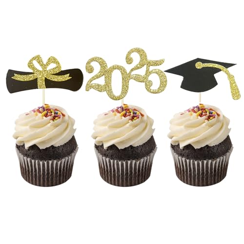 Topfunyy 24 Stück 2025 Graduation Cupcake Topper Congrats Grad Cake Topper mit Diplom, 2025, Grad Cap für Graduate Party Dekorationen Supplies von Topfunyy