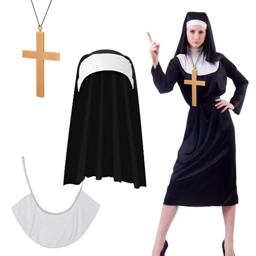 Topfunyy 3er-Pack Halloween-Nonnenkostüme für Frauen. Nonnen-Outfit beinhaltet Nonnen-Kopfbedeckung, Kreuz-Halskette und Kragen-Accessoires für das Kleid erwachsener Damen von Topfunyy