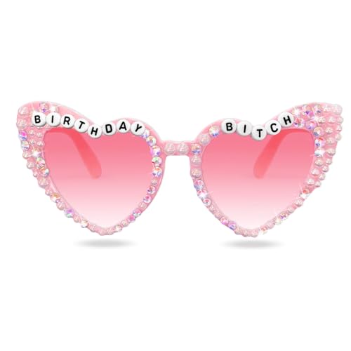 Topfunyy Geburtstags-Sonnenbrille für Mädchen – Rosa „Birthday Bitch“ glänzende Glitzer-Perlenbrille mit Diamanten für Mädchen und Frauen, Partyzubehör zum Geburtstag von Topfunyy