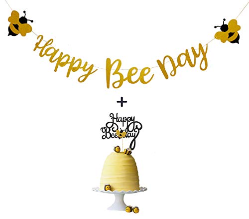 Topfunyy Happy Bee Day Banner und Gold Glitter Happy Bee Day Tortenaufsatz für Hummel-Themen-Geburtstagsparty von Topfunyy