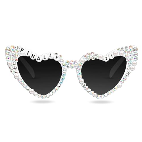 Topfunyy Sonnenbrille zum 21. Geburtstag – Weiß Endlich 21 Glänzende Bling Diamant Perlen Gläser für Mädchen 21. Geburtstag Party Supplies (Endlich 21-Weiß) von Topfunyy