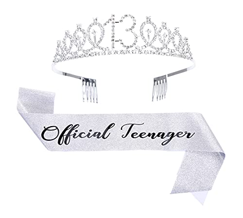 Topfunyy Tiara und Schärpe Set zum 13. Geburtstag – Teenager Schärpe Silber Kristall Krone Geburtstag Geschenk für Mädchen 13. Geburtstag Party Supplies von Topfunyy