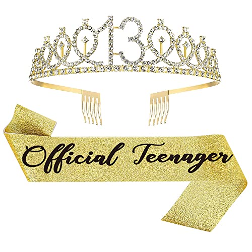 Topfunyy Tiara und Schärpe zum 13. Geburtstag – Teenager Schärpe Gold Kristall Krone Geburtstag Geschenk für Mädchen 13. Geburtstag Partyzubehör von Topfunyy