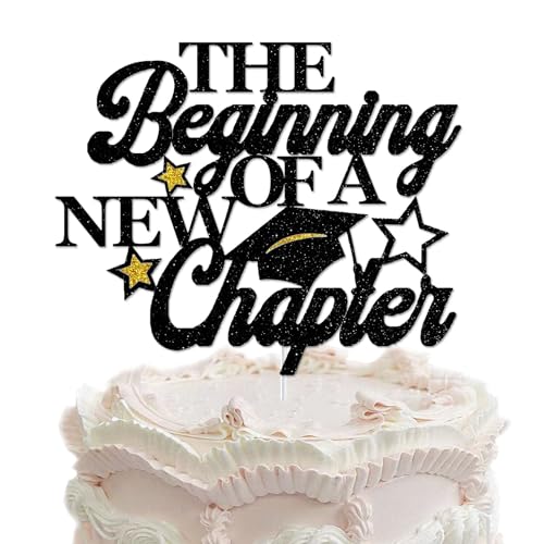 Tortenaufsatz „The Beginning of a New Chapter“, schwarzer Glitzer-Kuchenaufsatz für Abschlussfeier, Abschlussfeier, Ruhestand, Verlobung, Babyparty, Partydekoration von Topfunyy