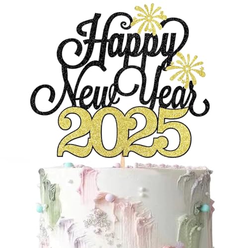 Tortenaufsatz "Happy New Year" 2025, goldfarbener Glitzer, Prost bis 2025, Hello 2025, Kuchenpicks für Silvester 2025, Weihnachten, Happy Holidays Party-Dekorationen von Topfunyy