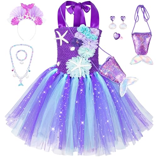 Topney Kleine Meerjungfrau Tutu Kleid für Mädchen – Prinzessin Meerjungfrau Arielle Kostüm mit Stirnband, Tasche, Halskette, Ohrring, Armband, Violett, 5T, 5-6 Jahre von Topney