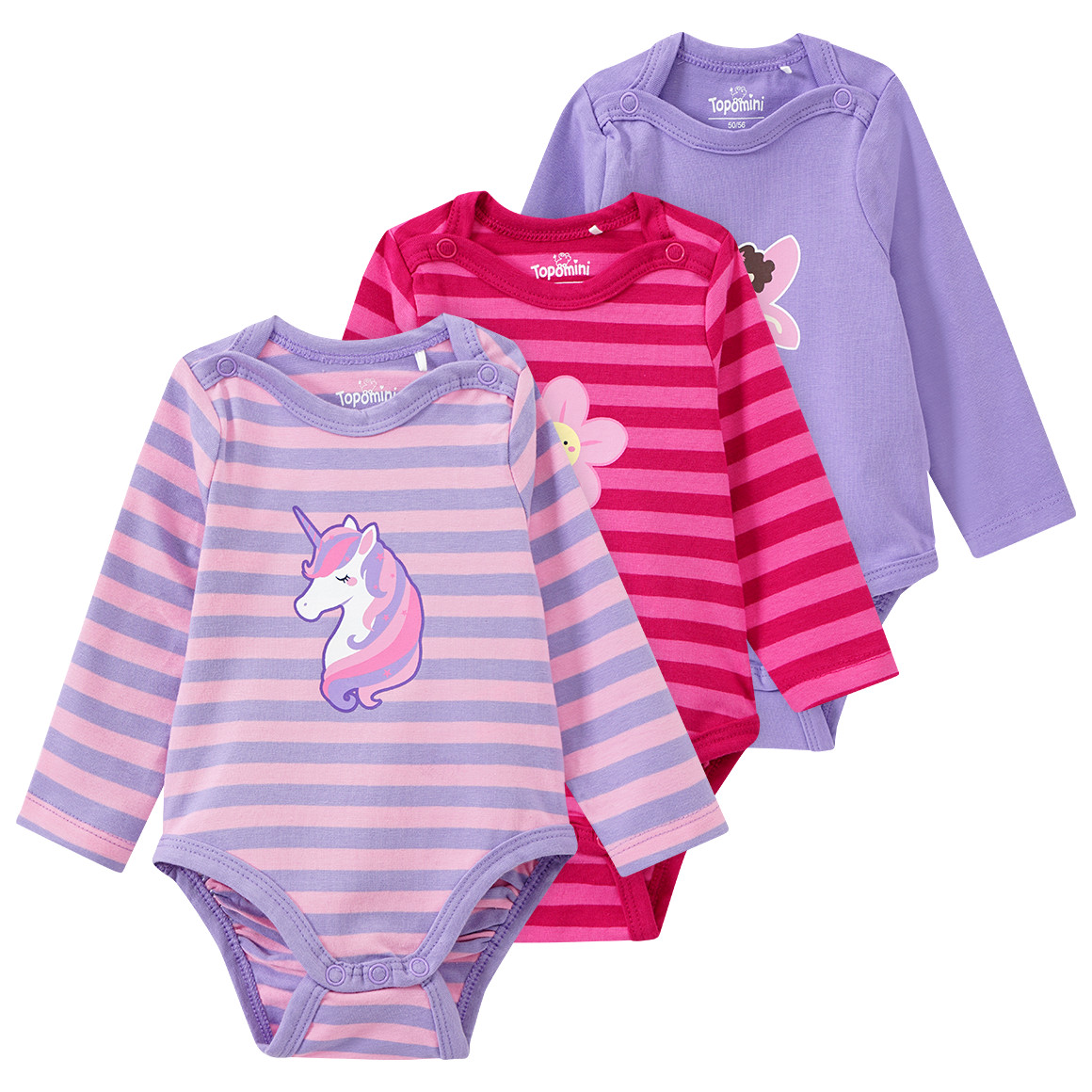 3 Baby Langarmbodys mit verschiedenen Prints von Topomini