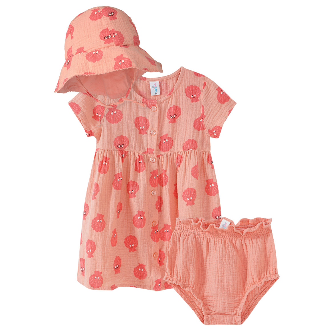 Baby Musselin-Set aus Kleid, Shorts und Hut Baby Musselin-Set aus Kleid, Shorts und Hut von Topomini
