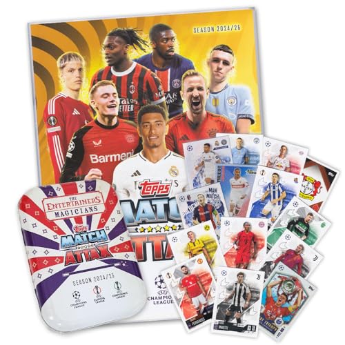 Match Attax Fußball Ch. League 2024/2025 Sammelalbum Sammeldose (leer) + 40 Karten Starter-Set von Topps (Sammelkarten Set)