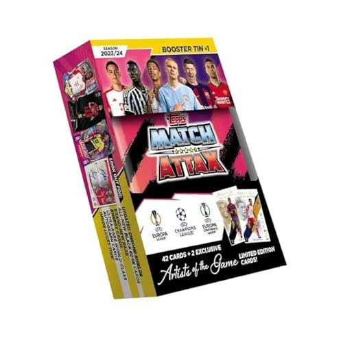 Topps Match Attax 23/24 - Booster Tin 1 - Enthält 42 Match Attax Karten plus 2 exklusive Künstler des Spiels Limited Edition Karten von Topps