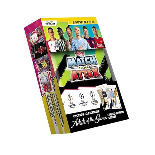 Topps Match Attax 23/24 - Booster Tin 3 - enthält 42 Match Attax Karten plus 2 exklusive Artists of the Game Limited Edition Karten von Topps