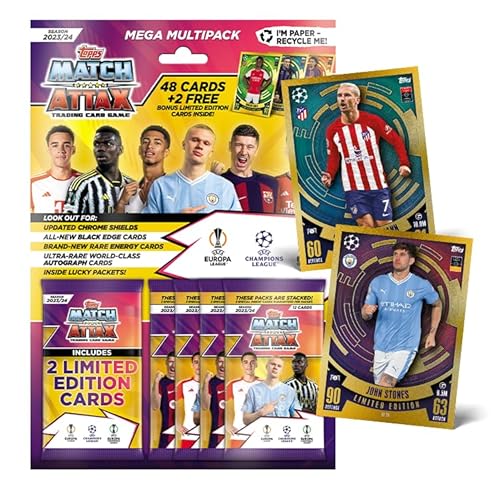 Topps Match Attax 23/24 - Mega Multipack - enthält 48 Match Attax Karten (4 Päckchen) Plus 2 Limitierte Karten von Topps