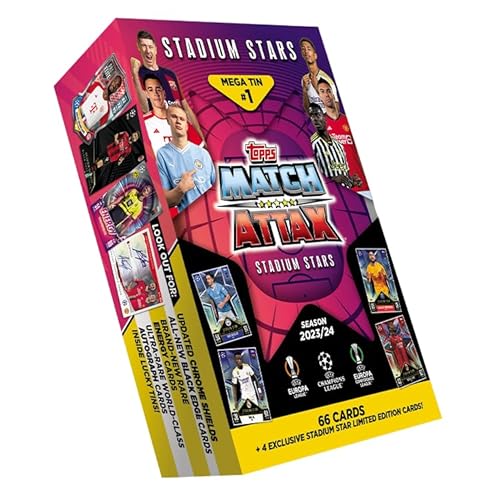 Topps Match Attax 23/24 - Mega Tin 1 - Enthält 66 Match Attax Karten plus 4 exklusive Stadion-Stars Limited Edition Karten - Verpackung kann variieren von Topps