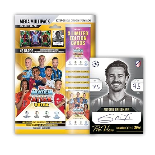 Topps Match Attax Extra 2025 - Mega Multipack - 52 Karten, darunter 3 zufällige X Factor LE-Karten und eine Exklusive Pro-View-Karte im Signature-Stil! von Topps