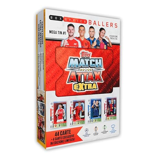 Topps Match Attax Extra 2025 - Mega Tin #1 - Tänzer an der Abendkasse. 48 Karten, Davon 4 Exklusive Box Office Baller LE Karten. Suchen Sie nach Relikkarten in den Glücksboxen! von Topps