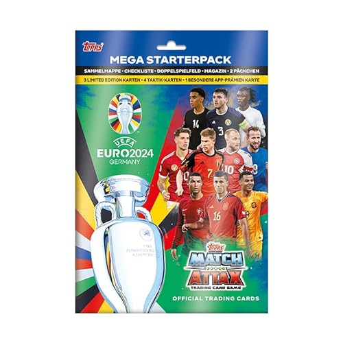 Topps Official Euro 2024 Match Attax - Mega Starter Pack - enthält 16 Euro 2024 Match Attax Karten, 4 Taktikkarten sowie Exklusive Cristiano Ronaldo und Jude Bellingham LE's und eine Coole Karte. von Topps