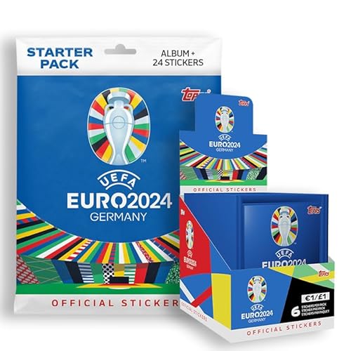 Topps Offizielle Euro 2024 Sticker Collection - Mega Starter Bundle - Enthält ein Starter Pack plus eine komplette Box (100 Pakete) Starter Pack enthält ein 88-seitiges Album plus 24 Aufkleber. von Topps