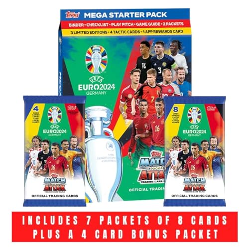 Topps offizielle „Euro 2024 Match Attax“-Karten, Eco-Starter-Paket mit 1 Mega-Starter-Paket, 1 Eco-Mega-Multipaket, 1 Eco-Paket, 4-Karten-Bonuspaket mit 1 zufälligen Limited-Edition-Karte (GB-Version) von Topps