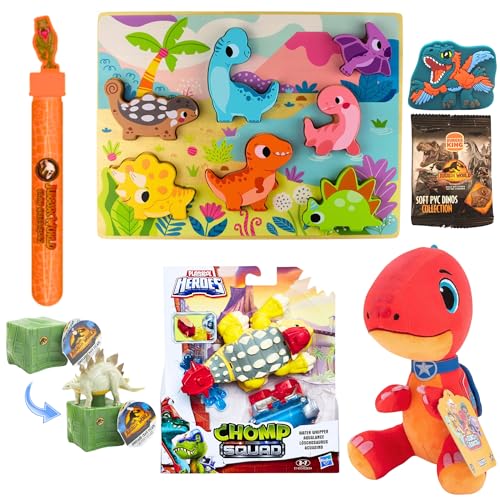 Toptoys2u Bargain Bundles Dinosaurier-Spielfiguren & Zubehör-Set – 6-teiliges Jung-Dino-Bundle – Holzpuzzle, Plüsch, Chomp Squad, Kistenflucht, 3D-PVC-Spielzeug-Blindtasche und Blasen-Zauberstab von Toptoys2u Bargain Bundles