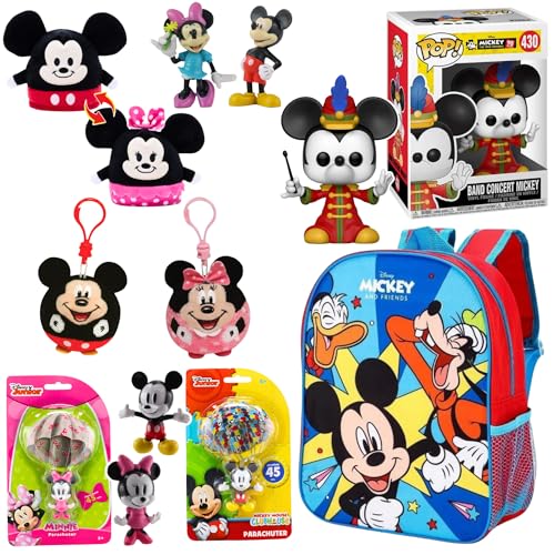 Toptoys2u Bargain Bundles Disney Spielfigur & Zubehör Bundle - 9-teiliges Mickey Madness Bundle - Reversible Plüsch, 2 Beanie Ballz, 2 Minifiguren, Mickey Vinyl Figur, 2 Fallschirmfiguren & Rucksack von Toptoys2u Bargain Bundles