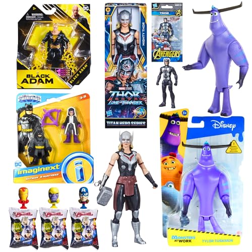 Toptoys2u Bargain Bundles Jungen Actionfiguren-Spielzeug-Bundle – 8-teiliges gemischtes Figuren-Set – Titan Hero Thor, Black Adam, Tylor Tuskmon, Thor, Batman & Huntress, & 3 Megapopz Minis von Toptoys2u Bargain Bundles