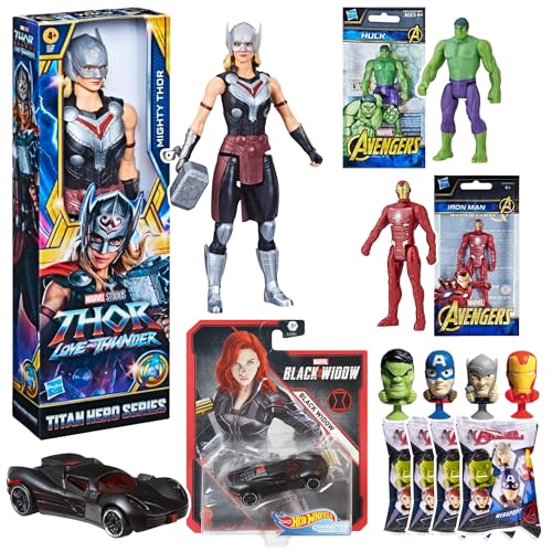 Toptoys2u Bargain Bundles Superhelden-Spielzeug-Actionfiguren & Zubehör-Set – 8-teiliges Titan Hero Thor Bundle – Titan Hero Thor, 2 Avengers Actionfiguren, Black Widow Car & 4 Megapopz Blind Bags von Toptoys2u Bargain Bundles