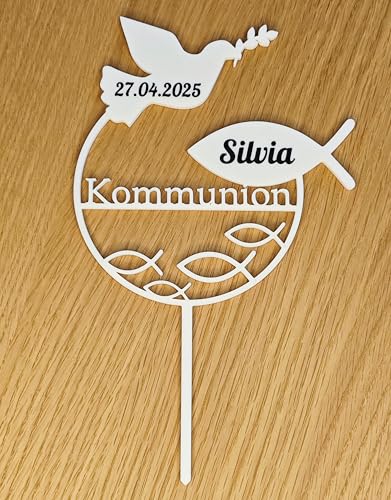 CAKETOPPER Kommunion | Konfirmation | Taufe Taube & Christenfisch | personalisiert mit Text von Tortenpixel