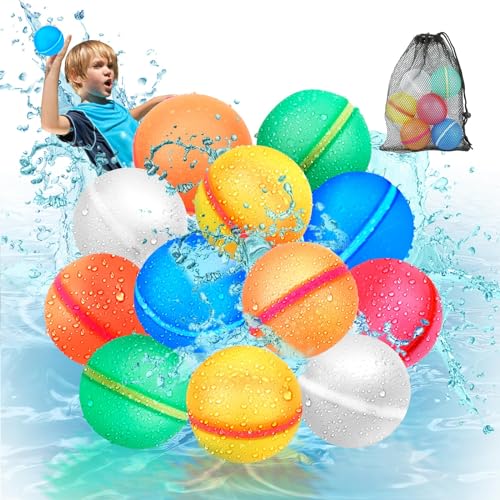 Tosekry 12 Stück Wasserbomben Wiederverwendbar mit Netzbeutel, Wasserbomben Selbstschließend Wasserspielzeug Kinder Outdoor Spielzeug Wasserball Magic Splashy Balls Pool Spielzeug Garten Draußen von Tosekry