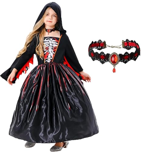 Tosekry Hexenkostüm Kinder Halloween Kostüm Mädchen, Halloween Kostüm Kinder Halloween Kostüm Kinder Mädchen mit Kapuze und Einer Gothic Halskette(8-10 Jahre) von Tosekry